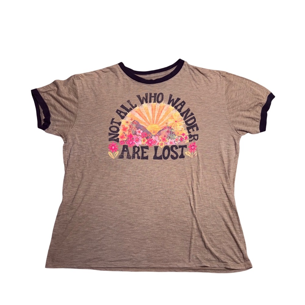 Natural Life Ringer Tee Womens XS Tan Excellent Not All Who Wander Are Lost